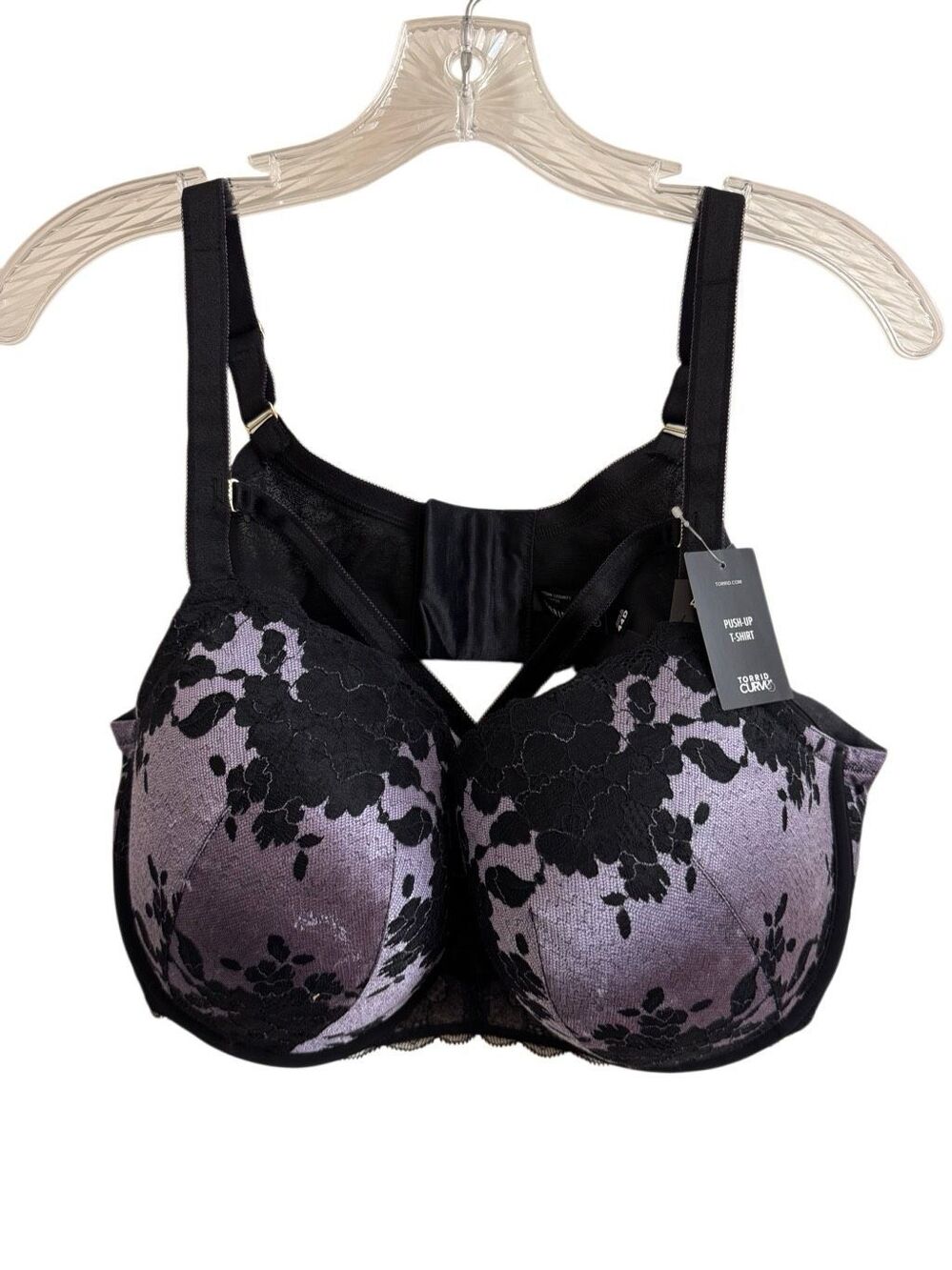 NEW Torrid Curve Pushup Tshirt Bra Purple Blak Floral Lace Size 44D